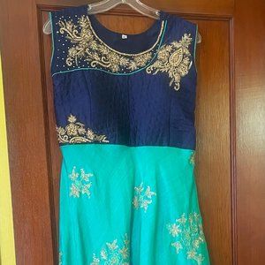 Silk Prom Dress, navy blue and green w/ gold sequins, beads & embroidery Sz 12